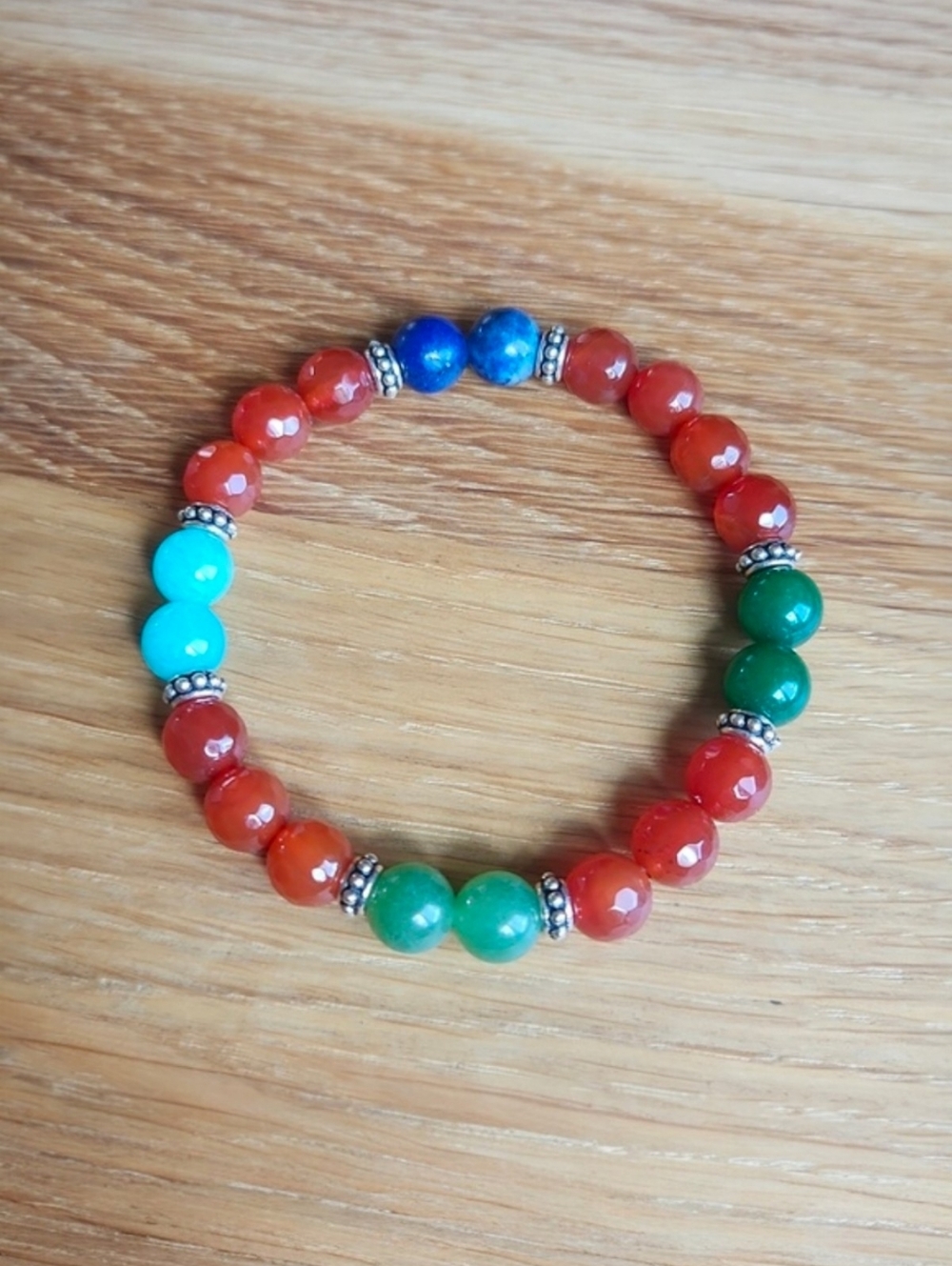 Carnelian, Amazonite & Green Jade Beaded Stretch Bracelet - Handmade
